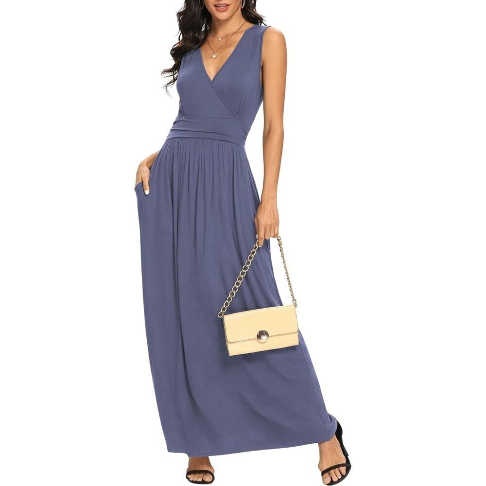 Women Purple Grey Deep V Neck Sleeveless Loose Plain Long Maxi Stretchy Dress - Picture 1 of 6